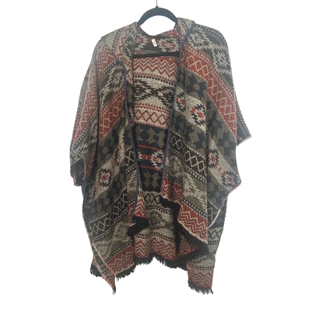 Southwestern Hooded‎ Poncho Tribal Geometric Fringe Open Front Wrap One Size